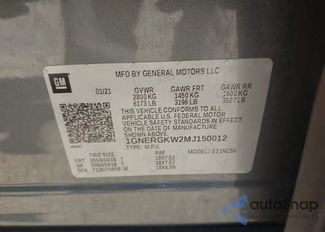 2021 Chevrolet Traverse Fwd Lt Cloth z USA, uszkodzony, nr VIN 1GNERGKW2MJ150012